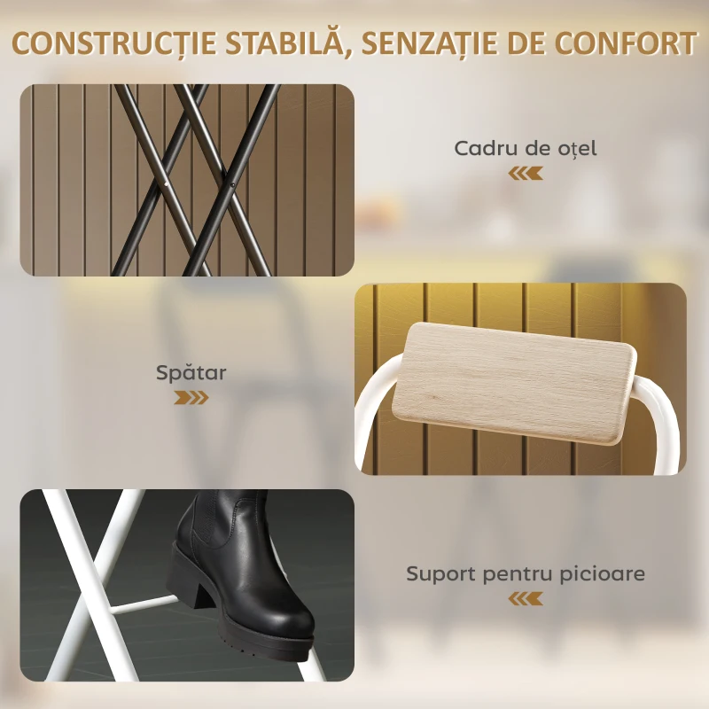 HOMCOM Set 2 Scaune de Bucătărie Pliabile cu Suport pentru Picioare din MDF și Oțel Negru