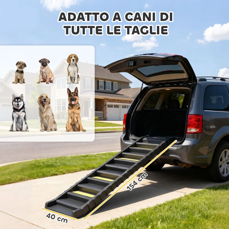 PawHut Scaletta per Cani Pieghevole per Auto e Letti a 10 Gradini Antiscivolo, Capacità 68 kg, Nero