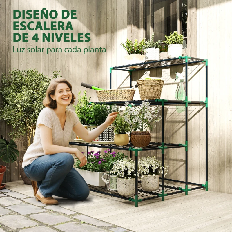 Outsunny Soporte para Plantas de 4 Niveles con Diseño Escalera y Estructura Metálica Resistente para Interior y Exterior Verde
