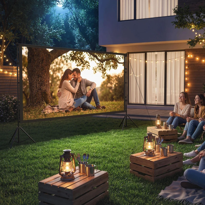 HOMCOM Écran de projection avec trépieds 120 pouces 16:9 HD 4K/8K, écran videoprojecteur portable, 309x62x217cm, blanc et noir