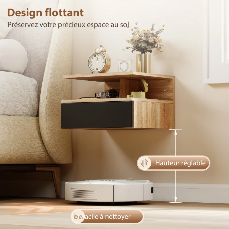 HOMCOM Lot de 2 tables de chevet murales, tables de nuit suspendues avec tiroir, étagère ouverte, 35x32x22,5cm, noir et chêne