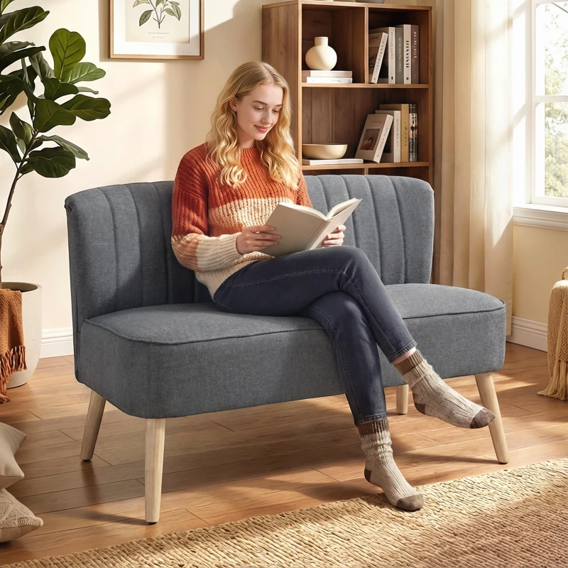 HOMCOM Modern Double Seat Sofa Loveseat Couch 2 Seater Compact Sofa Padded Linen Wood Leg Grey