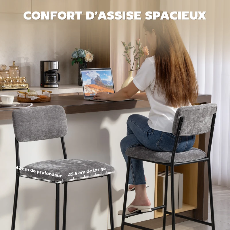 HOMCOM Lot de 2 tabourets de bar en tissu chenille, chaises de bar rembourrées, assise large, dossier haut, 45,5x48x101cm, gris