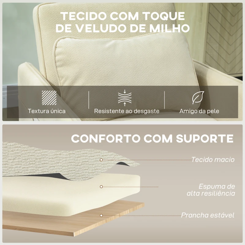 HOMCOM Poltrona Cama Estofado em Veludo Ecológico com Encosto Ajustável 3 Níveis 6 Bolsos Laterais 74x85,5x82 cm Bege