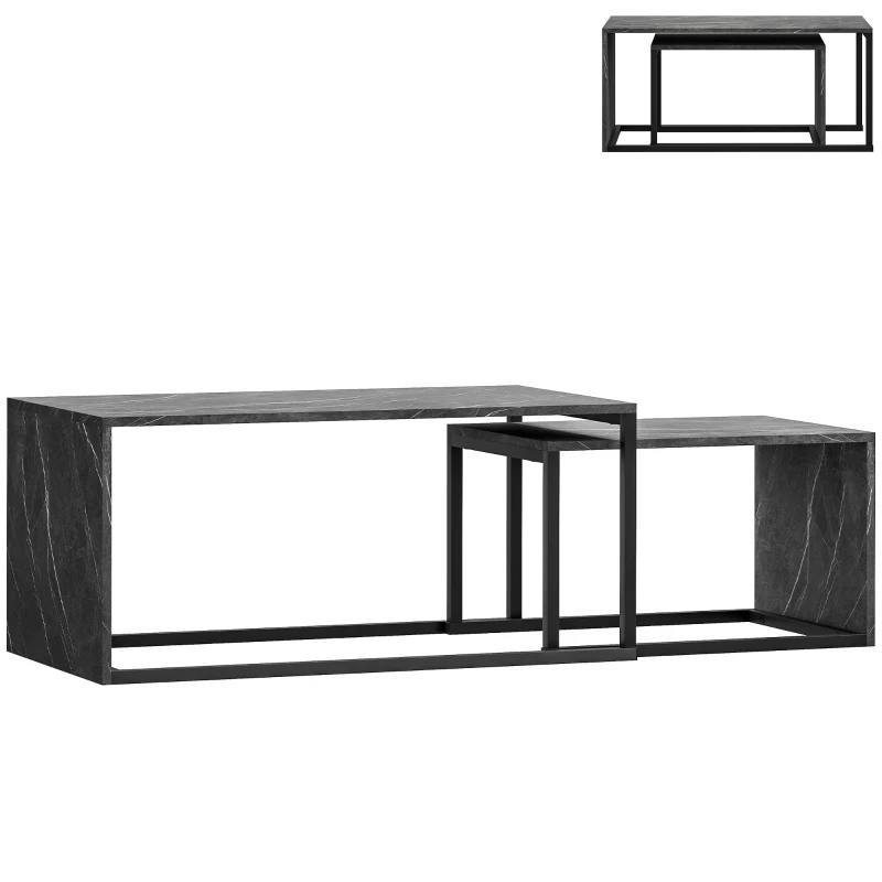 HOMCOM Lot de 2 tables basses gigognes design industriel encastrable en métal noir et effet marbre gris foncé