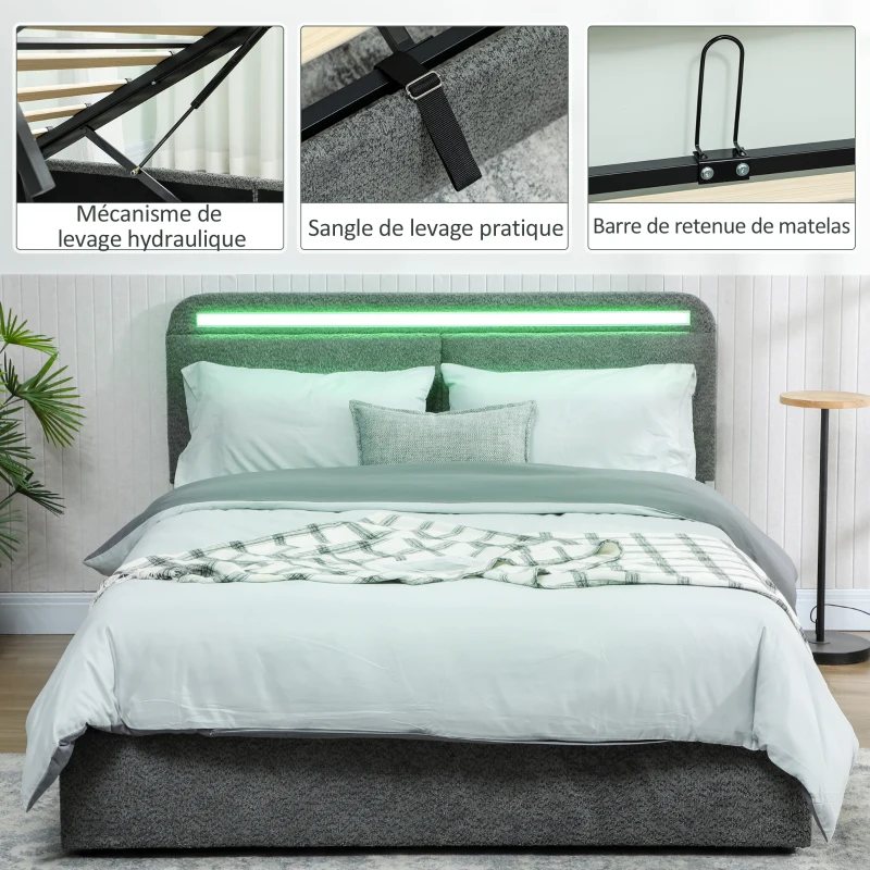HOMCOM Lit coffre 140 x 190 cm avec éclairage LED, tête de lit réglable, cadre de lit double, sommier à lattes en bois, gris