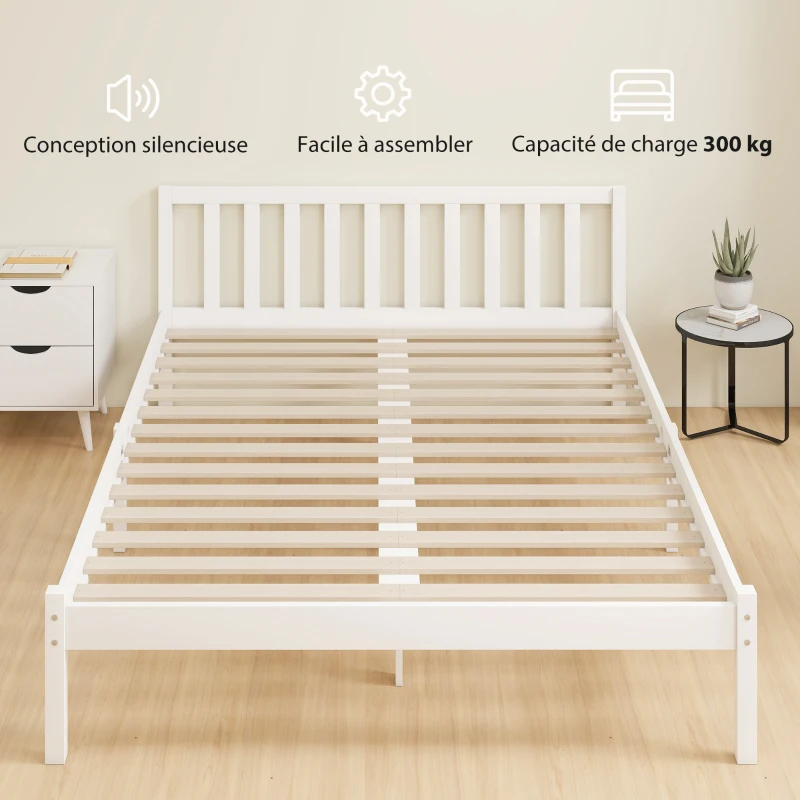 HOMCOM Cadre de lit en bois massif 140x190 cm lit simple avec tête de lit et sommier à lattes solide pour enfants adultes