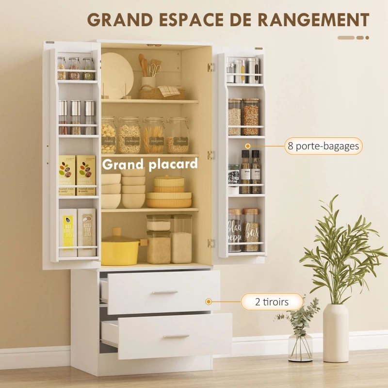 HOMCOM Buffet haut cuisine, armoire de cuisine, 2 portes, 8 porte-épices, 2 tiroirs, étagères réglables, 60x40x159cm, blanc(m-4)