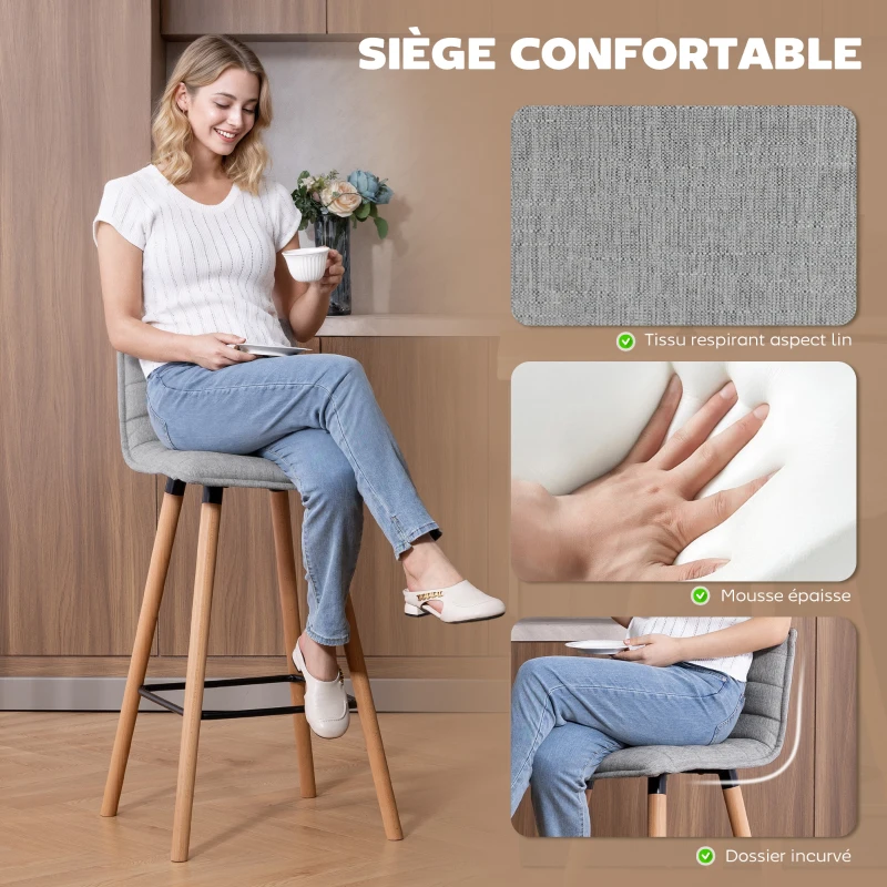 HOMCOM Lot de 2 tabourets de bar, chaises de bar, assise rembourrée, dossier et repose-pieds, 48 x 48 x 99,5 cm, gris