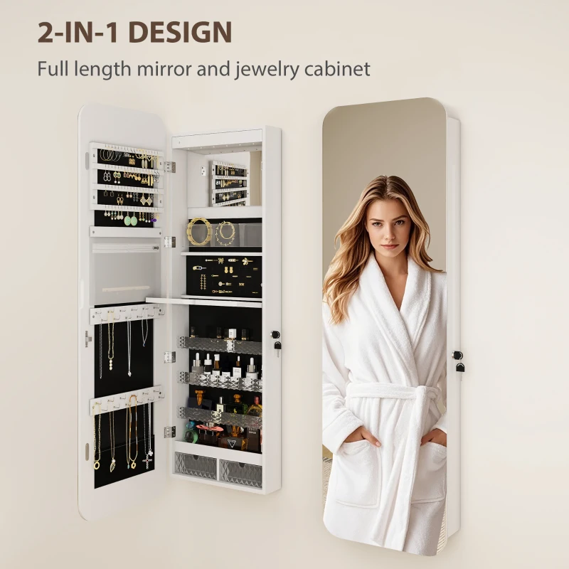 HOMCOM Dulap pentru Bijuterii Montat pe Perete cu Oglindă Internă și LED-uri, Înălțime 120 cm, Economisire Spațiu pentru Ușă, cu Sertare, Încuietoare și Cheie, Raft Pliabil, Alb și Negru