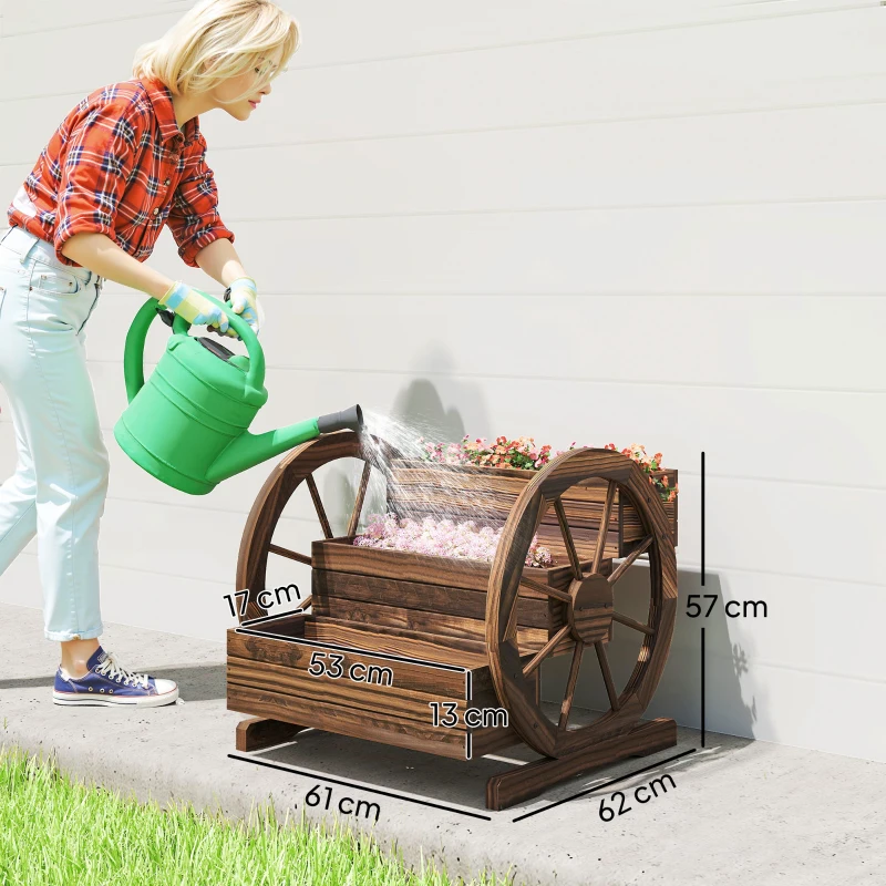 Outsunny Jardinieră de Exterior cu 3 Niveluri și Roți Decorative, din Lemn de Brad cu Orificii de Drenaj, pentru Legume și Flori, pentru Balcon sau Terasă, 62x61x57 cm, Carbonizat