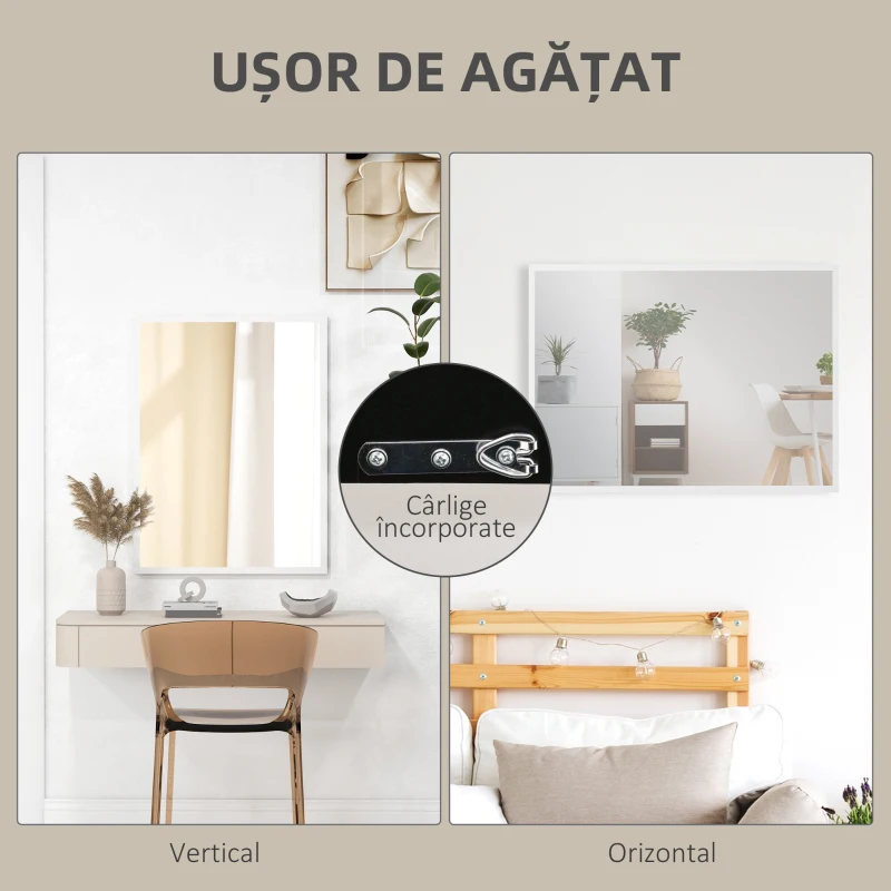 HOMCOM Oglindă Dreptunghiulară de Perete cu Cârlige, Sticlă și MDF, 60x80 cm, Negru