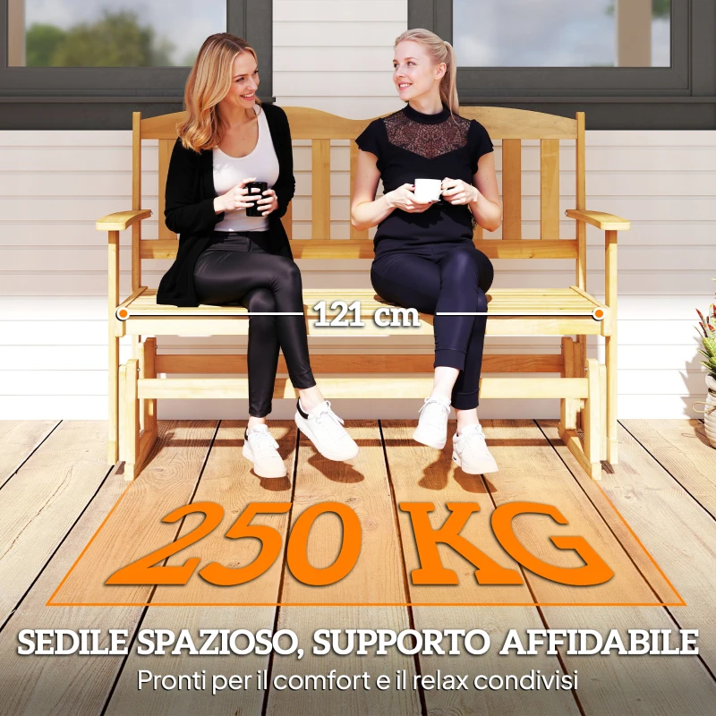 Outsunny Panchina da Giardino a Dondolo da 2 Posti con Braccioli in Legno di Abete, 132x51x95.5cm, Colore Legno