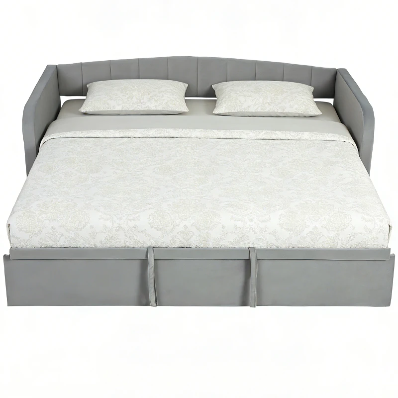 HOMCOM Cadru Pat 90/180x190 cm, Canapea Pat Extensibilă Convertibilă în Pat Dublu, Tapițerie, Cotiere, 2 Buzunare, Șipci din Plop, pentru Cameră de Zi sau Oaspeți, Gri Deschis