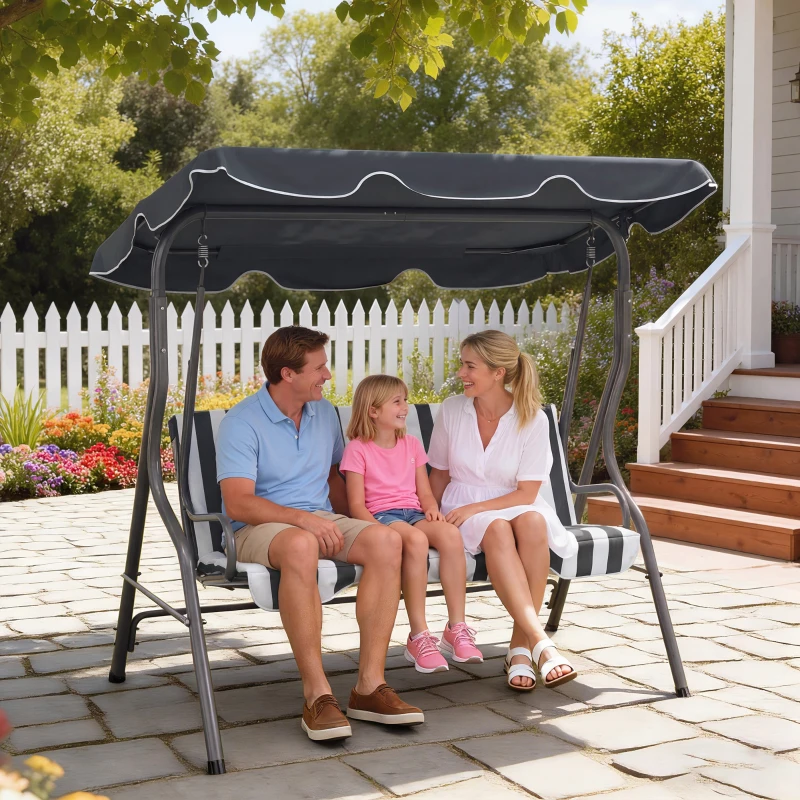 Outsunny Balanço de Jardim 3 Lugares Toldo Impermeável Inclinação Ajustável Almofadas Assento Encosto Cinza Branco Listrado