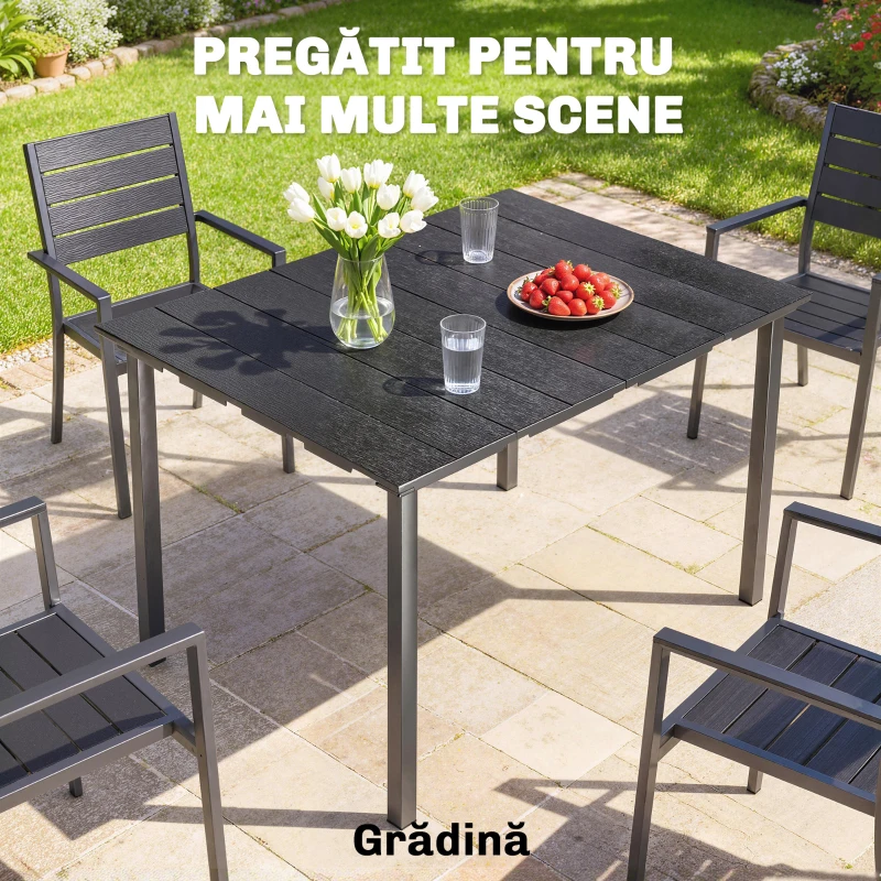 Outsunny Masă de Dining pentru Exterior pentru 4 Persoane, Masă Dreptunghiulară de Grădină cu Blat din HDPE și Cadru Metalic, Neagră