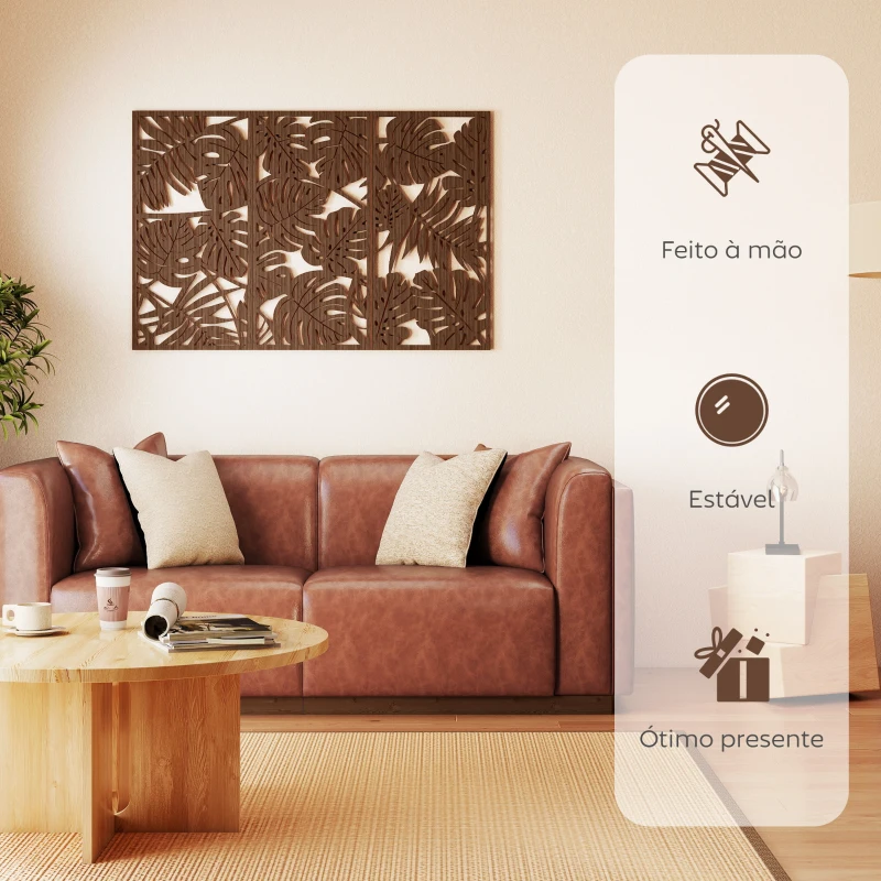 HOMCOM Decoração de Parede em Madeira 3D 3 Peças 40x80 cm Adornos de Parede com Padrão de Folhas Tropicais Nogueira