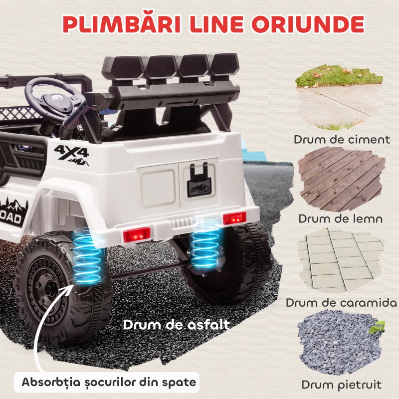AIYAPLAY Off-road pentru Copii cu Faruri, Claxon, Centură și Telecomandă, în PP și Metal, 99x66x68.5 cm, Alb