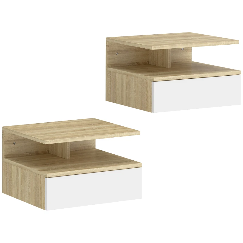 HOMCOM Lot de 2 tables de chevet murales, tables de nuit suspendues avec tiroir, étagère ouverte, 35x32x22,5cm, blanc et chêne