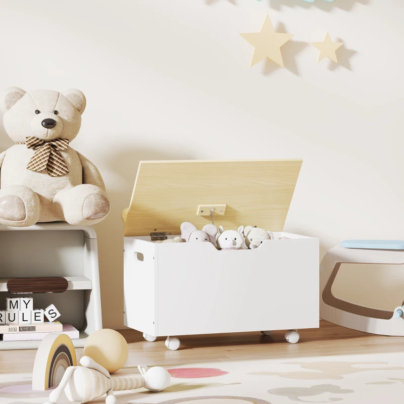 AIYAPLAY Toy Box with Lid, Toy Chest with Wheels and Safety Hinges, Toddler Storage Organiser for Playroom, Bedroom, White