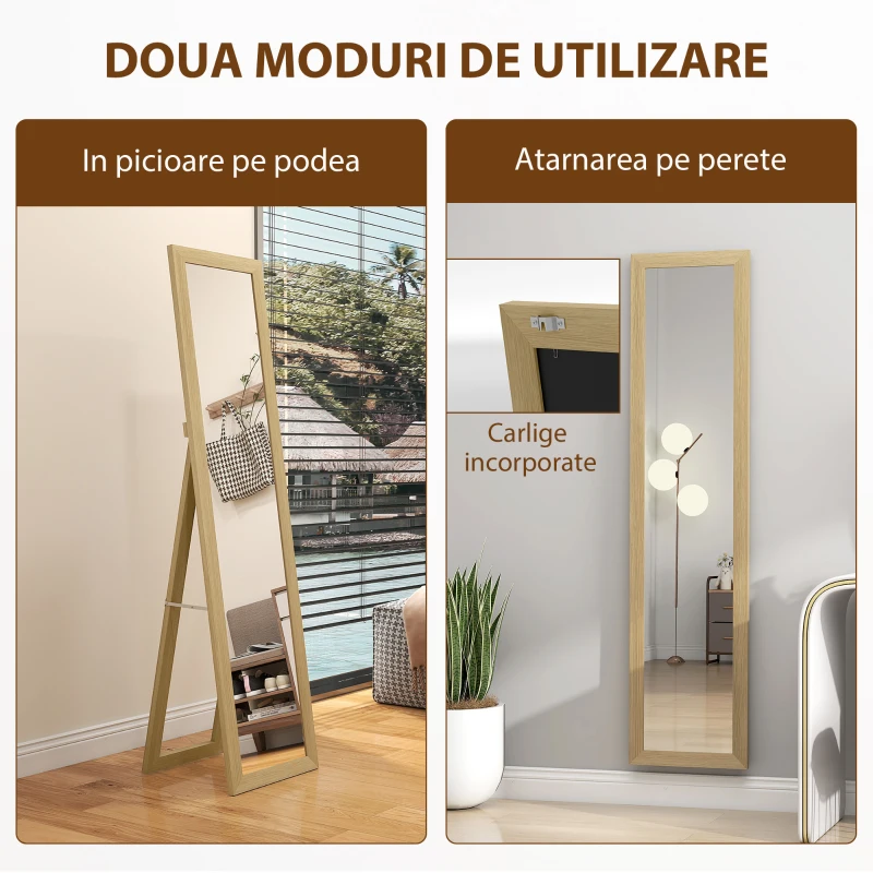 HOMCOM Oglindă cu Ramă din MDF, Picioare și Cârlige pentru Utilizare pe Podea sau pe Perete, 37x40x155 cm, Lemn Natural