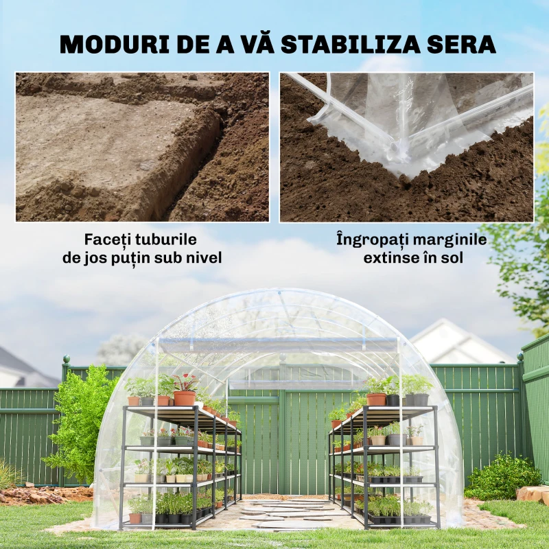 Outsunny Seră de Grădină Tip Tunel 3x6x2 m cu 2 Uși Rulabile, Cadru din Oțel și Acoperire din PE, pentru Legume, Fructe, Flori, Anti-UV, Transparentă