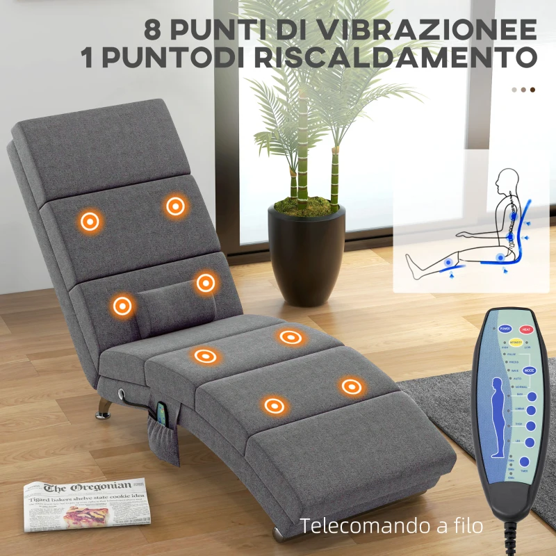 HOMCOM Poltrona Massaggiante con 8 Punti Vibranti e Riscaldamento, 5 Modalità, Timer e Telecomando, Grigio