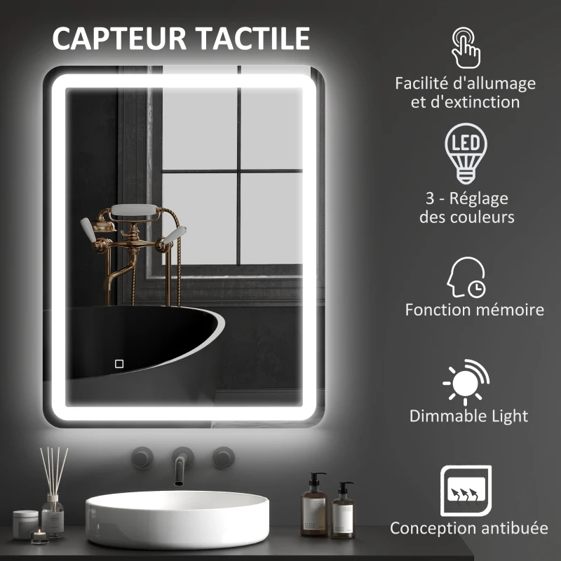 HOMCOM Miroir de salle de bain rectangulaire LED fonction anti-buée luminosité réglable fonction mémoire 70 x 90 cm argent