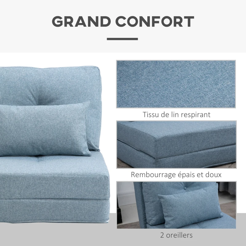 HOMCOM Chauffeuse canapé-lit convertible fauteuil 1 place avec 1 coussin avec dossier réglable, bleu