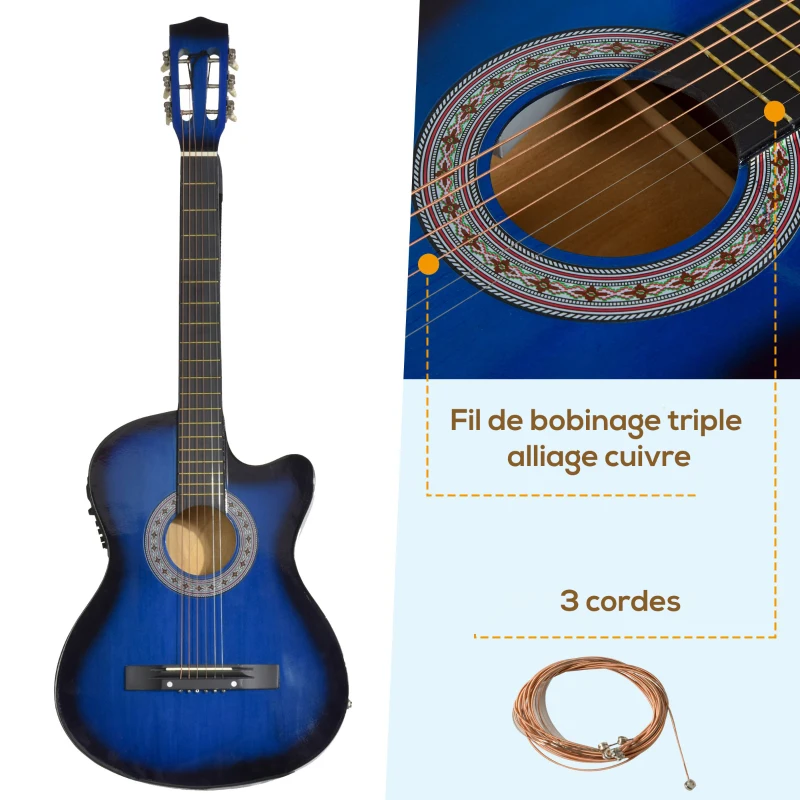 HOMCOM Pack guitare électrique kit guitare électrique avec sac, sangle, corde, médiators, câble, 96,5x35,8x8,5cm, bleu et noir