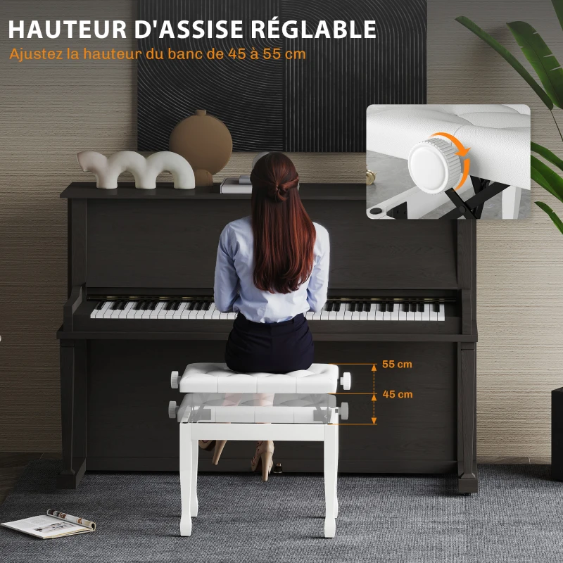 HOMCOM Banc de piano, banc de clavier réglable en hauteur en bois massif, siège rembourré, 64 x 35 x 45-55 cm, blanc