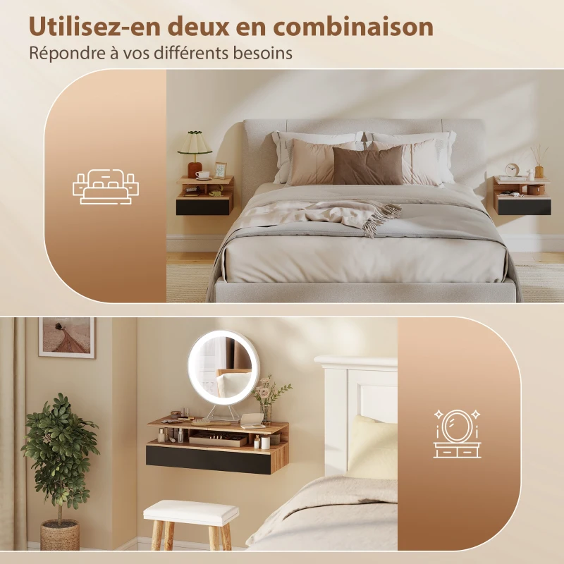 HOMCOM Lot de 2 tables de chevet murales, tables de nuit suspendues avec tiroir, étagère ouverte, 35x32x22,5cm, noir et chêne