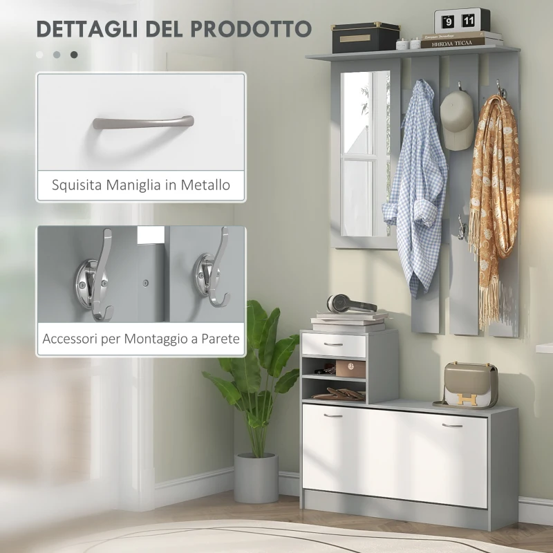 HOMCOM Mobile Appendiabiti 3 in 1 con Scarpiera e Specchio, Ganci e Cassetti, in Legno, 90x10x91 cm, Bianco e Grigio