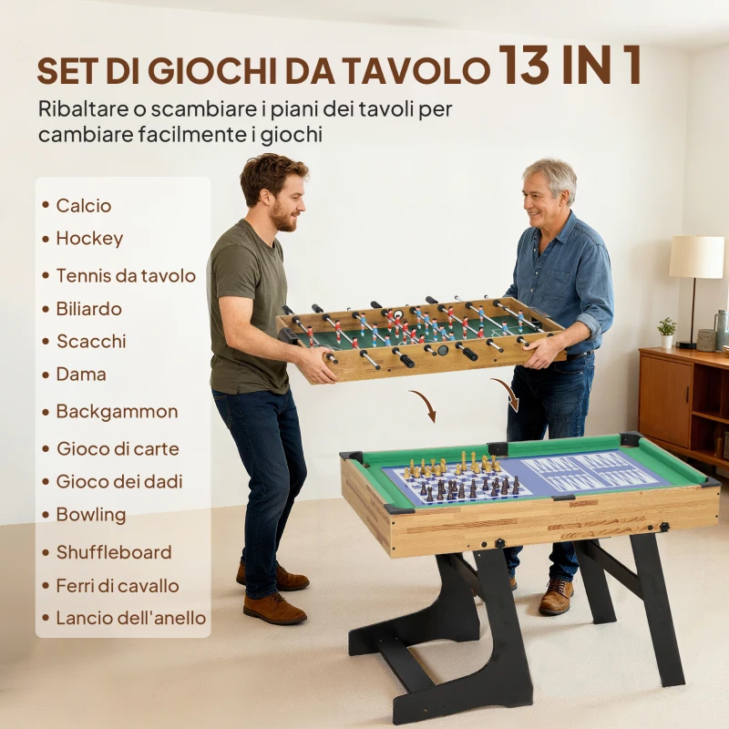 SPORTNOW Tavolo da Gioco 13 in 1 Pieghevole con Calciobalilla, Ping Pong, Hockey, Biliardo, Scacchi e Altri, Noce