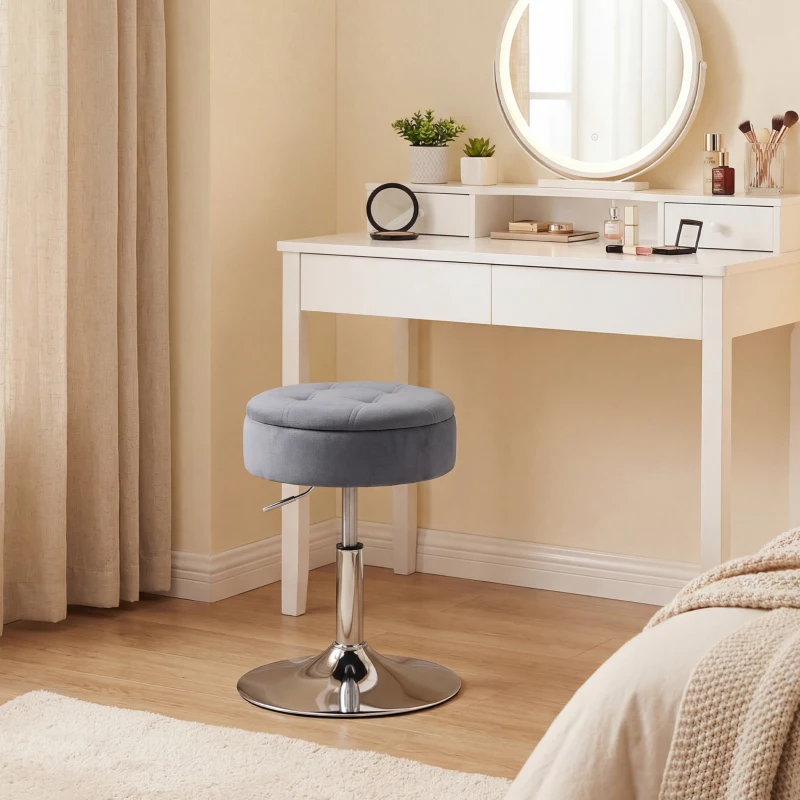 HOMCOM Tabouret de coiffeuse en velours, tabouret de maquillage pivotant avec rangement, hauteur réglable de 49-65 cm, gris