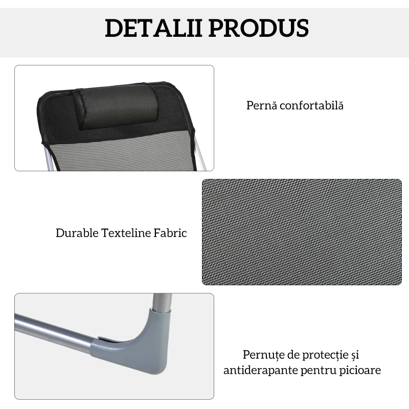 Outsunny Șezlong Pliabil cu Spătar Reglabil pe 5 Niveluri și Pernă, Șezlong de Grădină cu Material Texteline, pentru Plajă Piscină Grădină, 182x56x28 cm, Negru