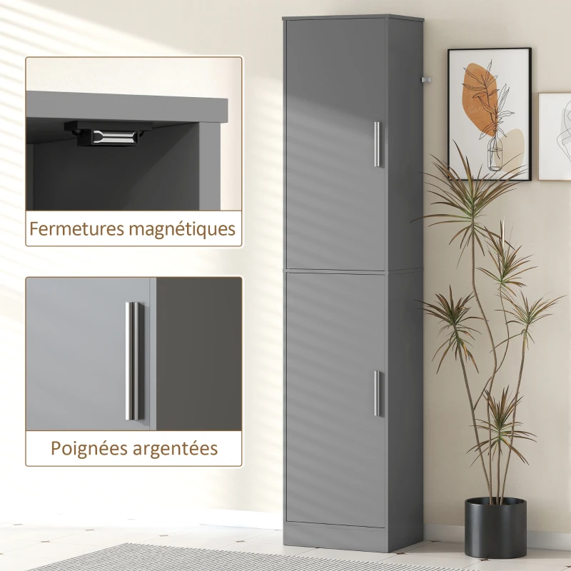 HOMCOM Meuble de salle de bain colonne avec 2 portes et 4 étagères réglables, 40 x 35 x 180 cm, gris