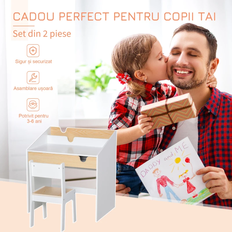 HOMCOM Set Birou și Scaun pentru Copii 6-10 Ani cu Raft și Sertar