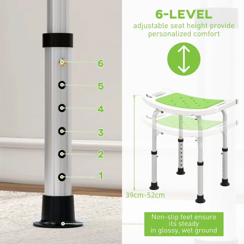 HOMCOM Taburet pentru Duș din Aluminiu și Plastic Antiderapant, Reglabil 6 Niveluri 39-52cm, Verde