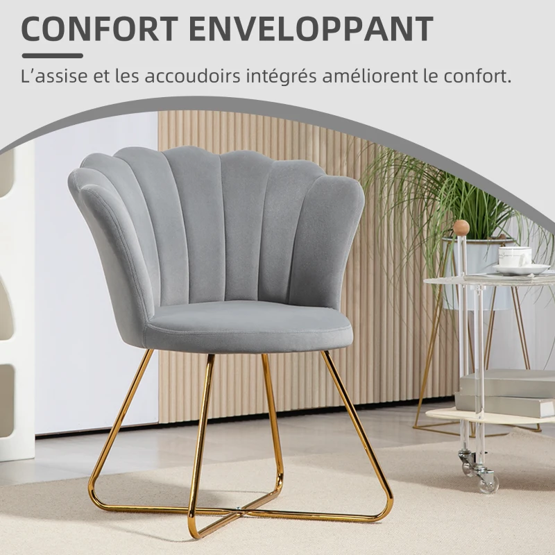 HOMCOM Fauteuil coquillage chaise coiffeuse fauteuil en velours fauteuil de salon avec pieds en acier 69 x 64 x 80 cm gris