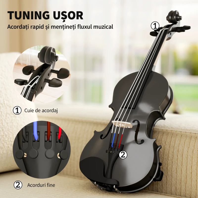 HOMCOM Vioara 4/4 din Lemn de Molid și Artar cu Husă, Arc, Sprijin pentru Umăr și Colofoniu, Negru