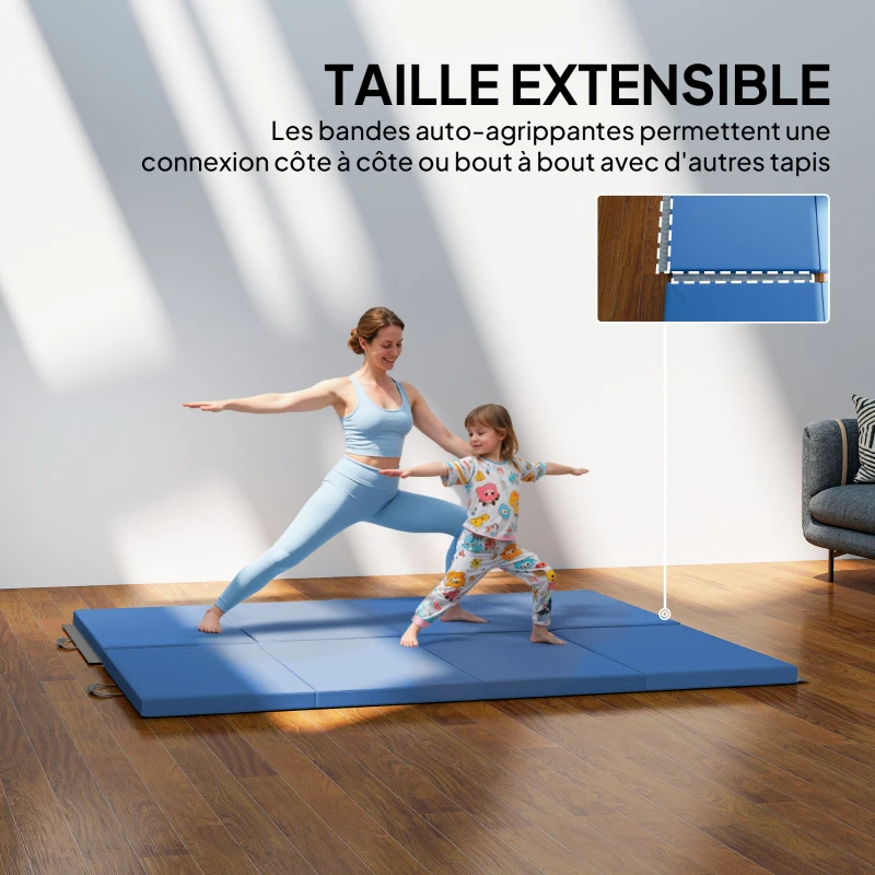 HOMCOM Tapis de gymnastique yoga pilates fitness pliable en 4 avec poignées revêtement synthétique 180 x 80 x 5 cm bleu clair