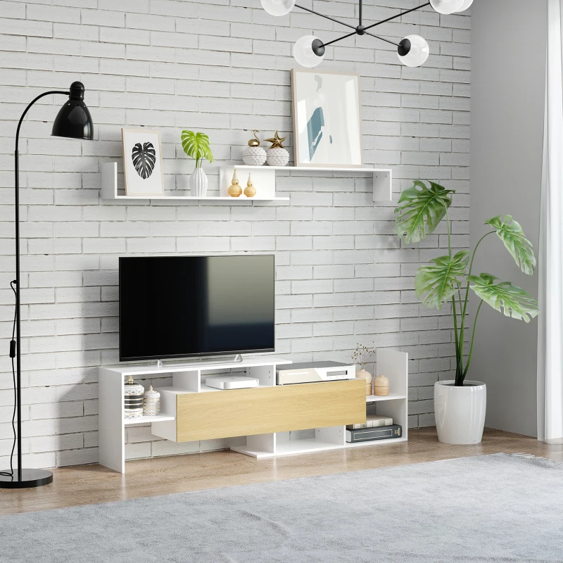 HOMCOM Ensemble meuble TV avec banc et étagère murale style contemporain 153,6L cm - blanc et bois naturel