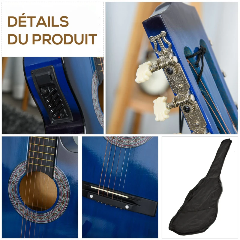 HOMCOM Pack guitare électrique kit guitare électrique avec sac, sangle, corde, médiators, câble, 96,5x35,8x8,5cm, bleu et noir