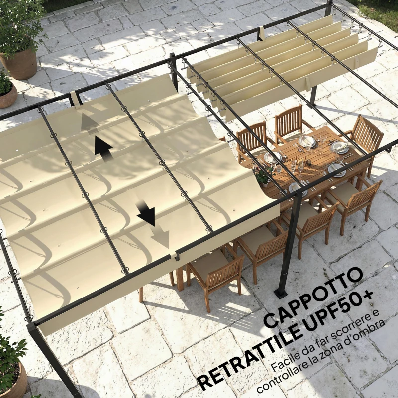 Outsunny Pergola da Giardino con Tettuccio Scorrevole UV50+ in Metallo, 5.7x2.95m, Beige