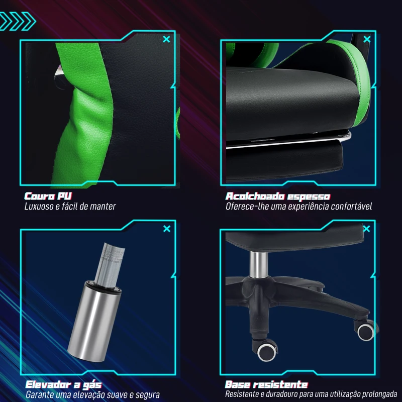 Vinsetto Cadeira Gaming Reclinável até 135° com Suporte Lombar Altura Ajustável Almofada de Cabeça e Apoio para os Pés Retrátil 65x65x121-129 cm Preto e Verde