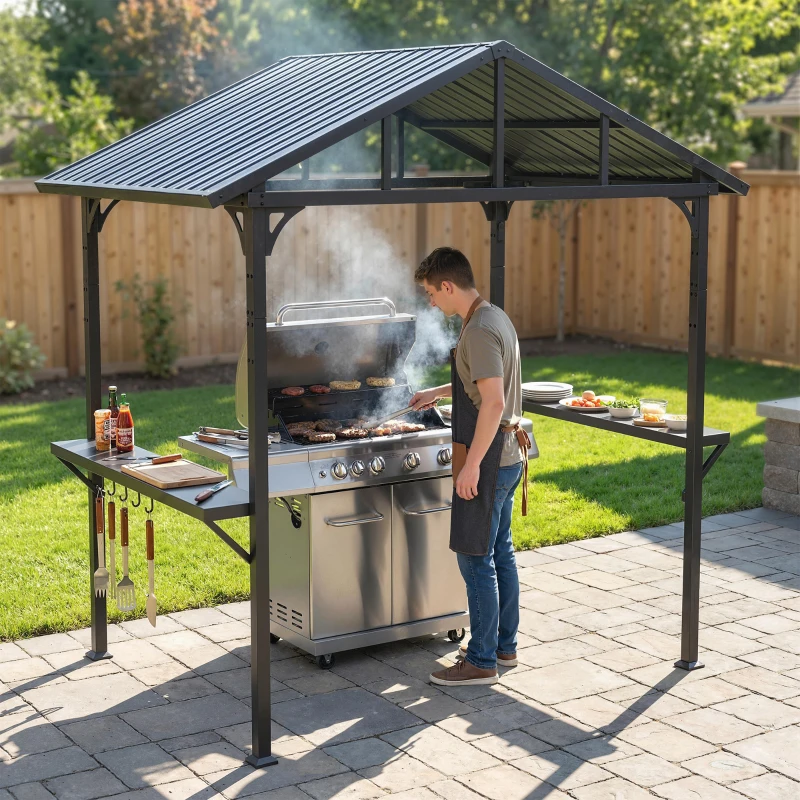 Outsunny Abri pour Barbecue, tonnelle de jardin en Acier avec 2 Étagères Latérales et Crochets, 252 x 156 x 248 cm, Noir