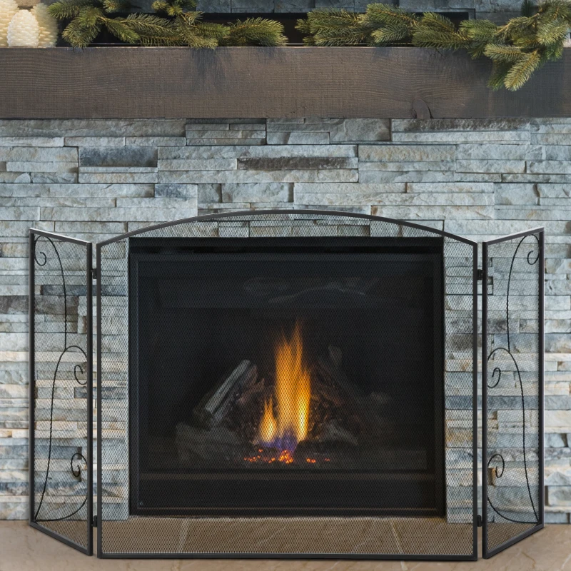 HOMCOM Pare-feu pour cheminée ou poêle design élégant Pare-étincelles 3 Volets Pliables dim. 132,5L x 76,5H cm Acier métal Noir