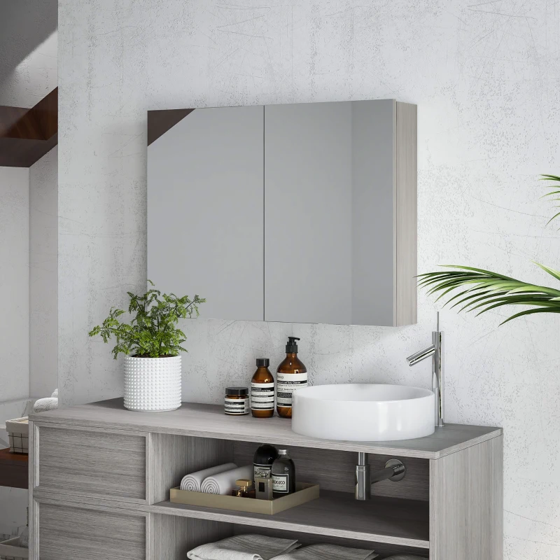 HOMCOM Armoire murale salle de bain avec miroir, meuble salle de bain, double portes et étagères réglables, 80x15x60cm, gris