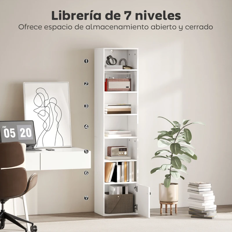 HOMCOM Librería de 7 Niveles Estantería para Libros Moderna con Estantes Abiertos y Puerta 40x30x180 cm Blanco